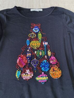 LUCIA BURNS Embellished Christmas Holiday Sweater Top Sequin Beaded L